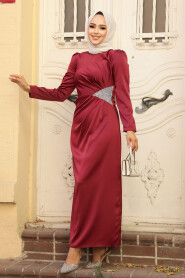 Satin Claret Red Muslim Bridal Dress 5940BR - 2