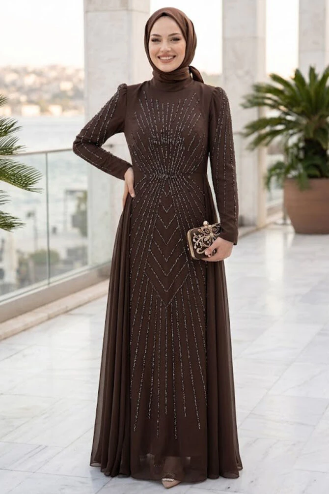 Satin Dark Brown Stone Embellished Modest Evening Dress 56061KKH - 