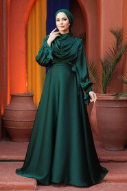 Satin Emerald Green Islamic Long Sleeve Maxi Dress 38031ZY - 2