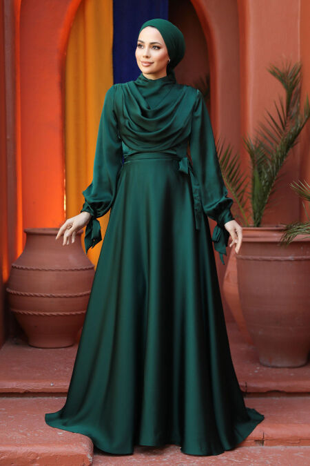 Satin Emerald Green Islamic Long Sleeve Maxi Dress 38031ZY