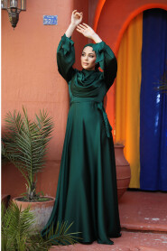 Satin Emerald Green Islamic Long Sleeve Maxi Dress 38031ZY - 3