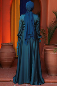 Satin Petrol Green Islamic Long Sleeve Maxi Dress 38031PY - 2