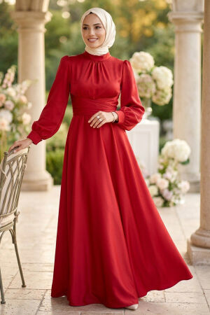 Satin Red Modest Evening Dress 6297K - 