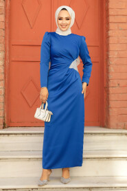 Satin Sax Blue Muslim Bridal Dress 5940SX - 2