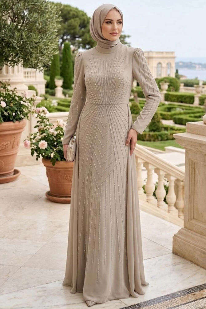 Satin Stone Stone Embellished Modest Evening Dress 56061TAS - 