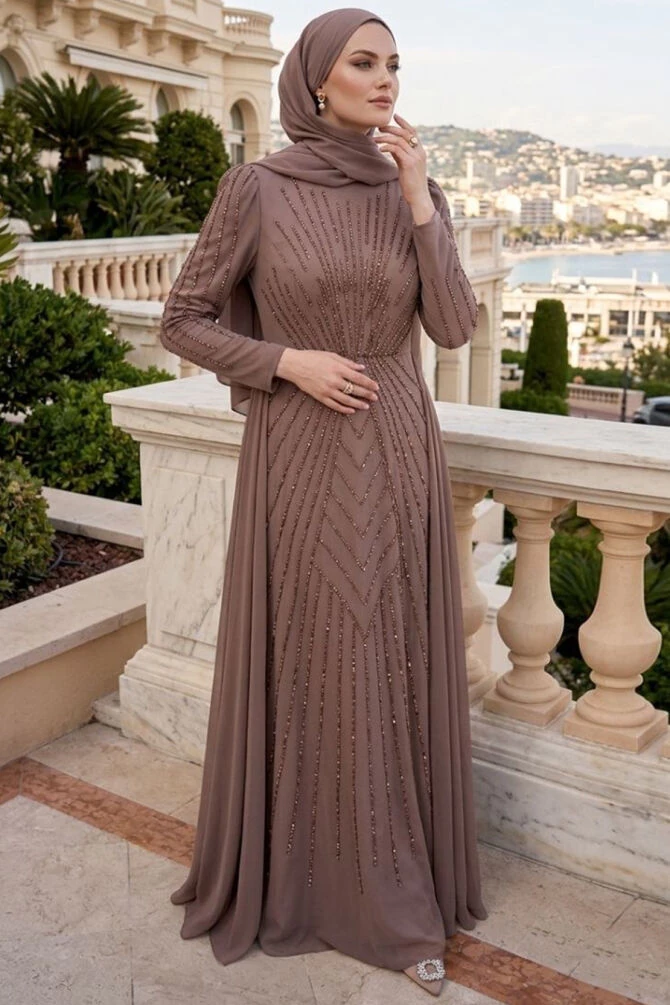 Satin Taupe Stone Embellished Modest Evening Dress 56061V - 