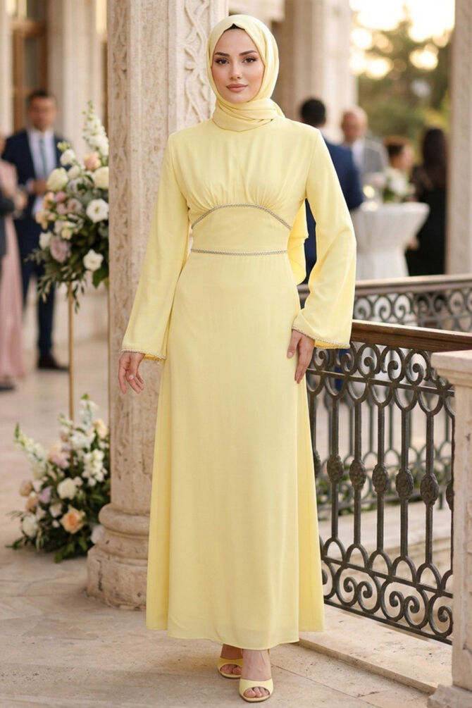 Satin Yellow Modest Evening Dress 61592SR - 