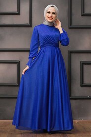  Plus Size Sax Blue Hijab Engagement Dress 22202SX - 1