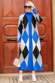 Sax Blue Hijab Knitwear Suit Dress 3181SX - 2