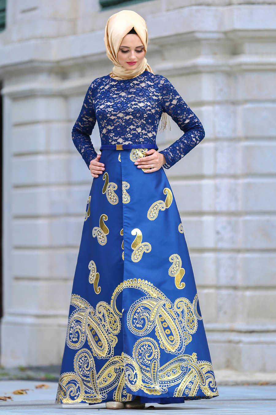  Long Sax Blue Islamic Dress 82447SX