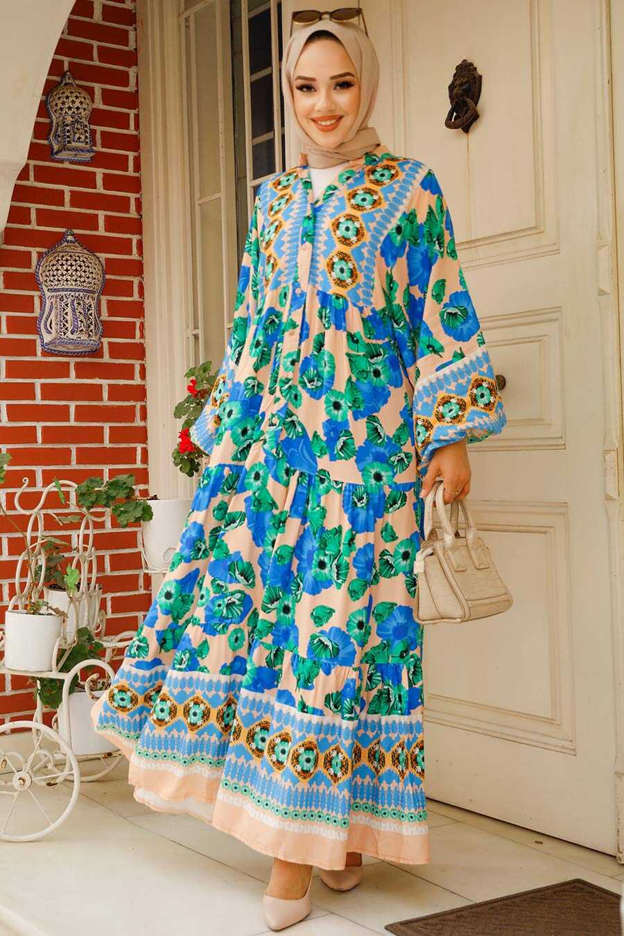 Sax Blue Modest Floral Dress 10276SX - Neva-style.com