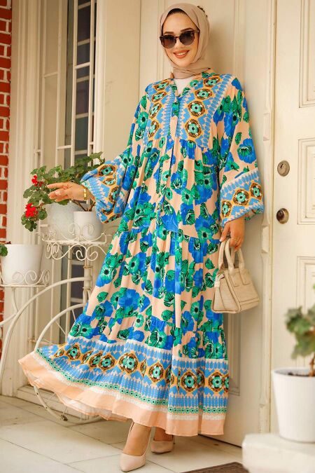 Sax Blue Modest Floral Dress 10276SX - Neva-style.com