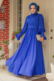 Sax Blue Satin Modest Evening Gown 5983SX - 1