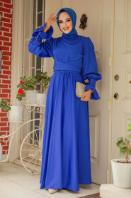 Sax Blue Satin Modest Evening Gown 5983SX - 3