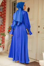 Sax Blue Satin Modest Evening Gown 5983SX - 4