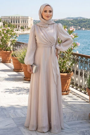Side Tie Detail Beige Modest Evening Dress 62191BEJ - 