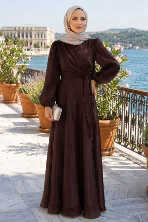 Side Tie Detail Brown Modest Evening Dress 62191KH - 