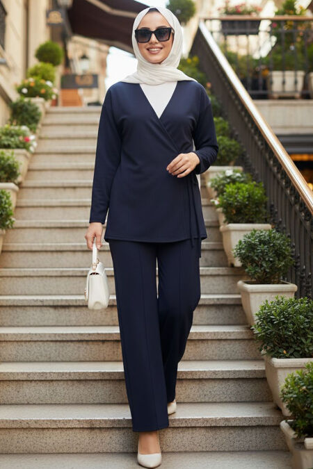 Side Tie Detailed Navy Blue Modest Two-Piece Set 13301L - NEVA STYLE