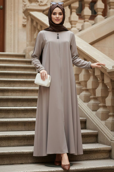 Sleeve Button Detailed Dark Beige Modest Ferace 45292KBEJ - 
