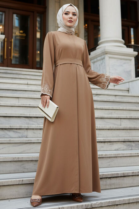Sleeve Detail Camel Modest Abaya 60063C - 