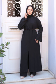 Slit Detailed Black Modest Two-Piece Set 7669S - 2