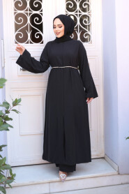 Slit Detailed Black Modest Two-Piece Set 7669S - 1