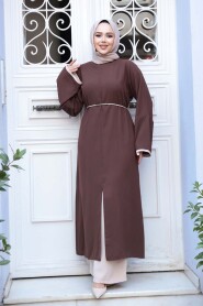 Slit Detailed Brown Modest Two-Piece Set 76112KH - 2