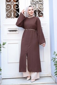 Slit Detailed Brown Modest Two-Piece Set 76112KH - 3