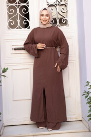Slit Detailed Brown Modest Two-Piece Set 7669KH - 1