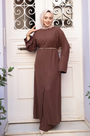 Slit Detailed Brown Modest Two-Piece Set 7669KH - 3