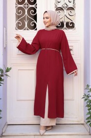 Slit Detailed Burgundy Modest Two-Piece Set 76112BR - 1
