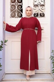 Slit Detailed Burgundy Modest Two-Piece Set 76112BR - 2