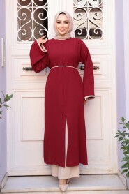 Slit Detailed Burgundy Modest Two-Piece Set 76112BR - 3
