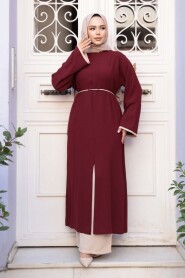 Slit Detailed Dark Burgundy Modest Two-Piece Set 76112KBR - 2