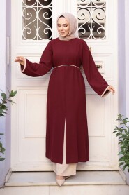Slit Detailed Dark Burgundy Modest Two-Piece Set 76112KBR - 1