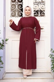 Slit Detailed Dark Burgundy Modest Two-Piece Set 76112KBR - 3