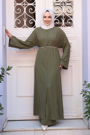 Slit Detailed Khaki Modest Two-Piece Set 7669HK - 2
