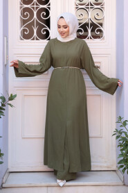 Slit Detailed Khaki Modest Two-Piece Set 7669HK - 1