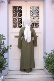 Slit Detailed Khaki Modest Two-Piece Set 7669HK - 4