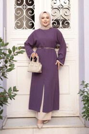 Slit Detailed Lilac Modest Two-Piece Set 76112LILA - 3