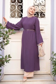 Slit Detailed Lilac Modest Two-Piece Set 76112LILA - 1