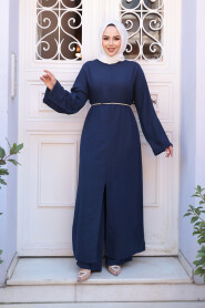 Slit Detailed Navy Modest Two-Piece Set 7669L - 1
