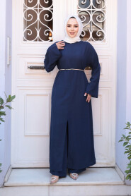 Slit Detailed Navy Modest Two-Piece Set 7669L - 2