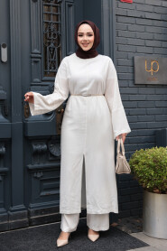 Slit Detailed White Modest Two-Piece Set 7669B - 2