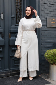 Slit Detailed White Modest Two-Piece Set 7669B - 3