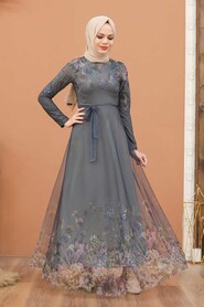  Smoke Color Turkish Hijab Long Sleeve Dress 50171FU - 2
