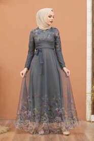  Smoke Color Turkish Hijab Long Sleeve Dress 50171FU - 3