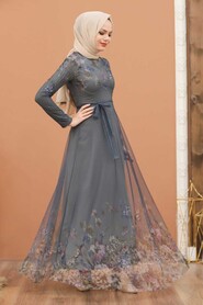  Smoke Color Turkish Hijab Long Sleeve Dress 50171FU - 4