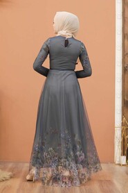  Smoke Color Turkish Hijab Long Sleeve Dress 50171FU - 5