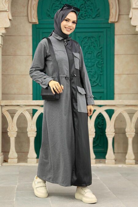 Smoke Color Hijab Coat 1365FU - NEVA STYLE